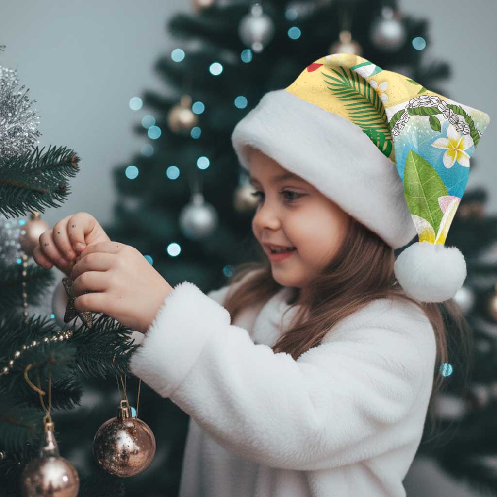 Hawaiian Mele Kalikimaka Christmas Santa Hat Funny Santa Claus on Beach with Tropical Plants and Lei - Polynesian Pride