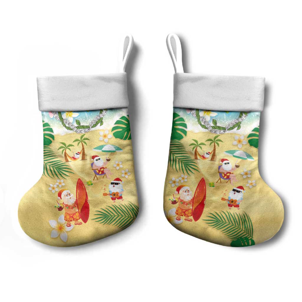 Hawaiian Mele Kalikimaka Christmas Stocking Funny Santa Claus on Beach with Tropical Plants and Lei - Polynesian Pride