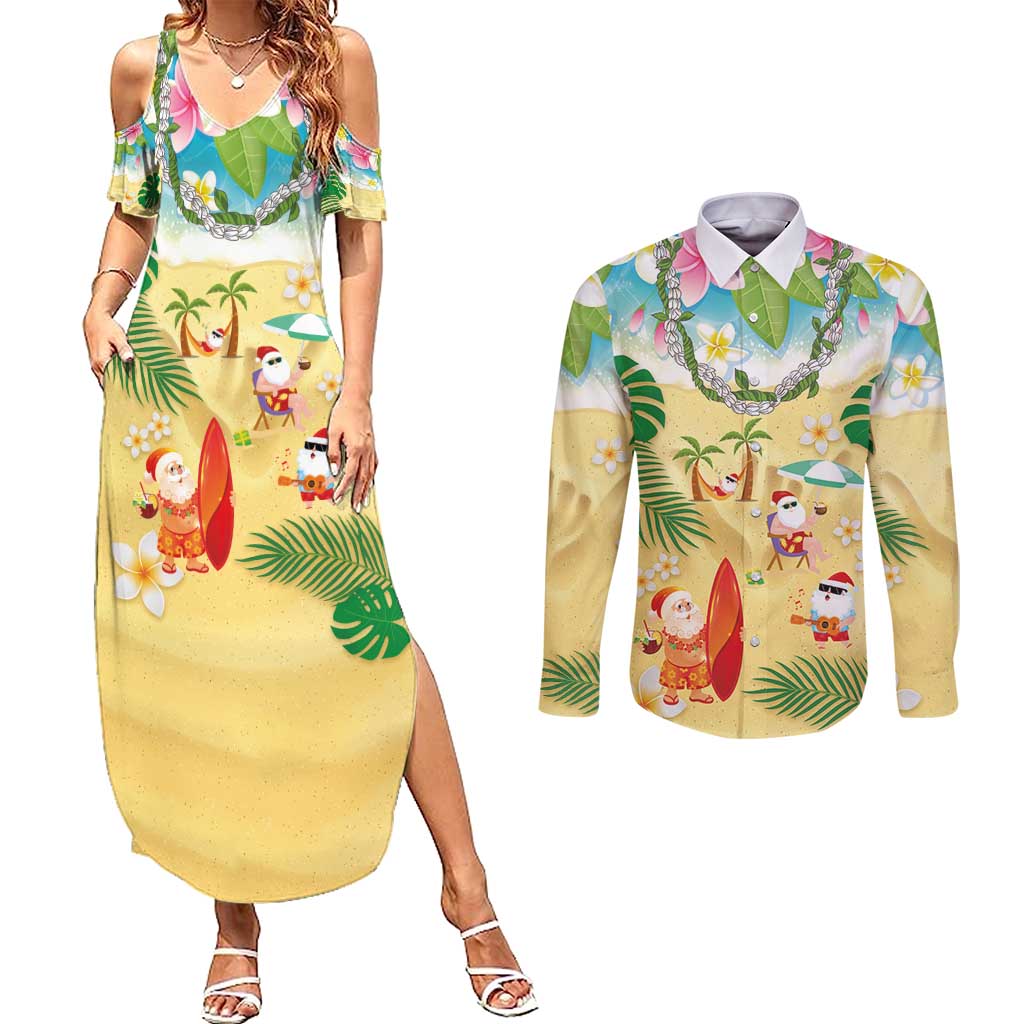 Hawaiian Mele Kalikimaka Couples Matching Summer Maxi Dress and Long Sleeve Button Shirt Tropical Plumeria and Lei Funny Santa Beach - Polynesian Pride