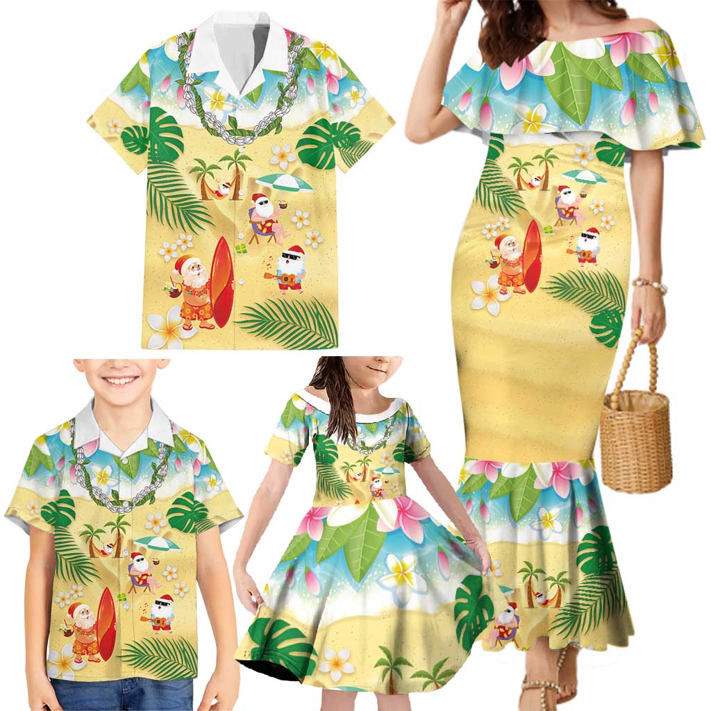 Hawaiian Mele Kalikimaka Family Matching Mermaid Dress and Hawaiian Shirt Tropical Plumeria and Lei Funny Santa Beach - Polynesian Pride