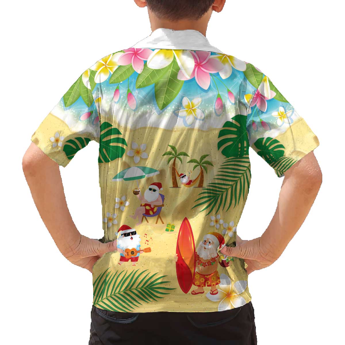 Hawaiian Mele Kalikimaka Family Matching Off The Shoulder Long Sleeve Dress and Hawaiian Shirt Tropical Plumeria and Lei Funny Santa Beach LT03 - Polynesian Pride