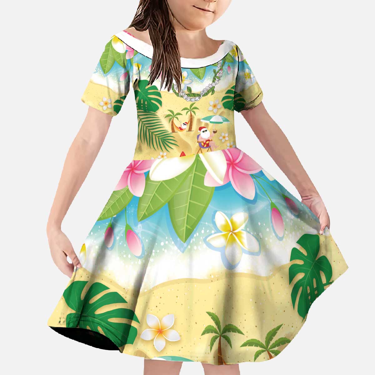 Hawaiian Mele Kalikimaka Family Matching Off The Shoulder Long Sleeve Dress and Hawaiian Shirt Tropical Plumeria and Lei Funny Santa Beach LT03 Daughter's Dress Multicolor - Polynesian Pride