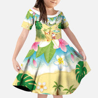 Hawaiian Mele Kalikimaka Family Matching Off The Shoulder Long Sleeve Dress and Hawaiian Shirt Tropical Plumeria and Lei Funny Santa Beach LT03 Daughter's Dress Multicolor - Polynesian Pride