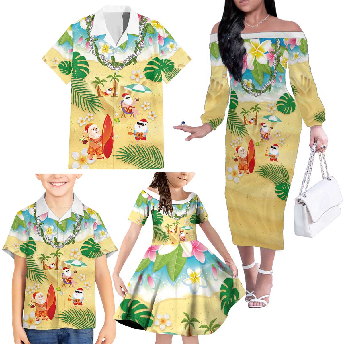 Hawaiian Mele Kalikimaka Family Matching Off The Shoulder Long Sleeve Dress and Hawaiian Shirt Tropical Plumeria and Lei Funny Santa Beach - Polynesian Pride