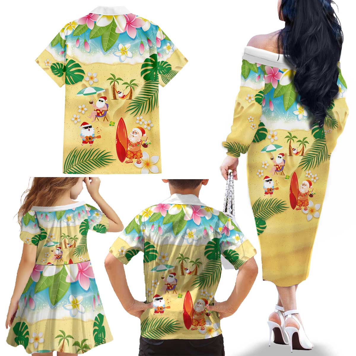 Hawaiian Mele Kalikimaka Family Matching Off The Shoulder Long Sleeve Dress and Hawaiian Shirt Tropical Plumeria and Lei Funny Santa Beach LT03 - Polynesian Pride