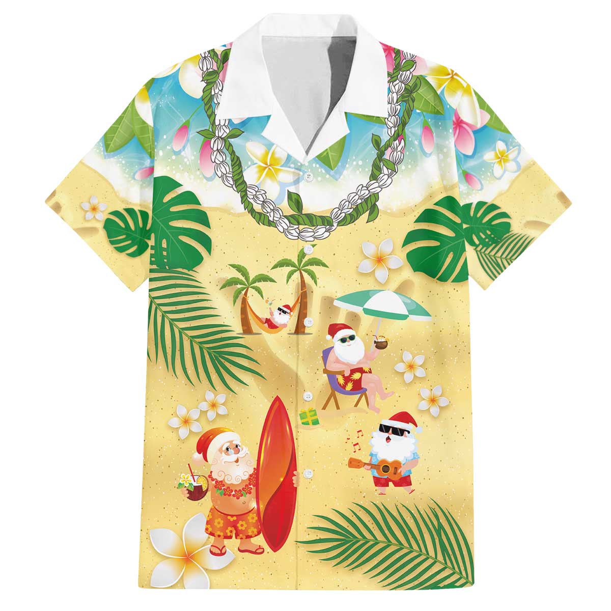 Hawaiian Mele Kalikimaka Family Matching Off The Shoulder Long Sleeve Dress and Hawaiian Shirt Tropical Plumeria and Lei Funny Santa Beach LT03 Dad's Shirt - Short Sleeve Multicolor - Polynesian Pride