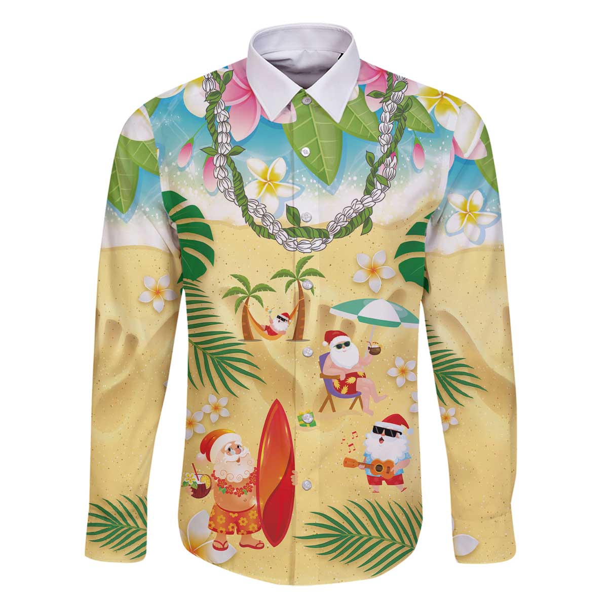 Hawaiian Mele Kalikimaka Family Matching Off The Shoulder Long Sleeve Dress and Hawaiian Shirt Tropical Plumeria and Lei Funny Santa Beach LT03 Dad's Shirt - Long Sleeve Multicolor - Polynesian Pride