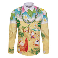 Hawaiian Mele Kalikimaka Family Matching Off The Shoulder Long Sleeve Dress and Hawaiian Shirt Tropical Plumeria and Lei Funny Santa Beach LT03 Dad's Shirt - Long Sleeve Multicolor - Polynesian Pride