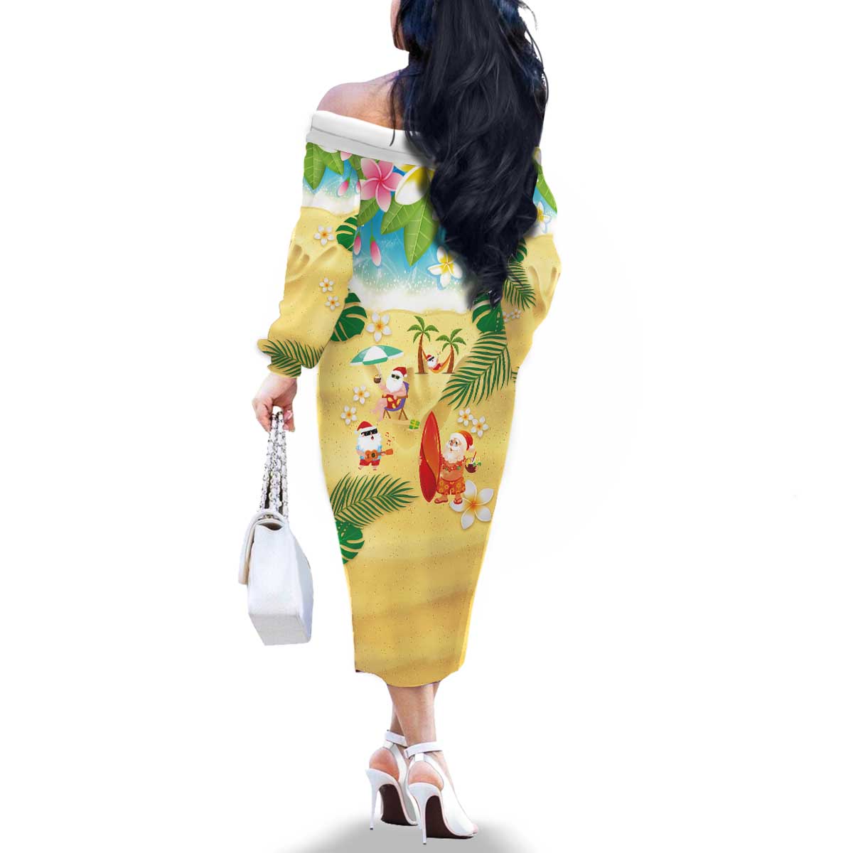Hawaiian Mele Kalikimaka Family Matching Off The Shoulder Long Sleeve Dress and Hawaiian Shirt Tropical Plumeria and Lei Funny Santa Beach LT03 - Polynesian Pride