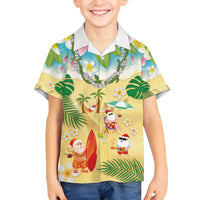 Hawaiian Mele Kalikimaka Family Matching Off The Shoulder Long Sleeve Dress and Hawaiian Shirt Tropical Plumeria and Lei Funny Santa Beach LT03 Son's Shirt Multicolor - Polynesian Pride