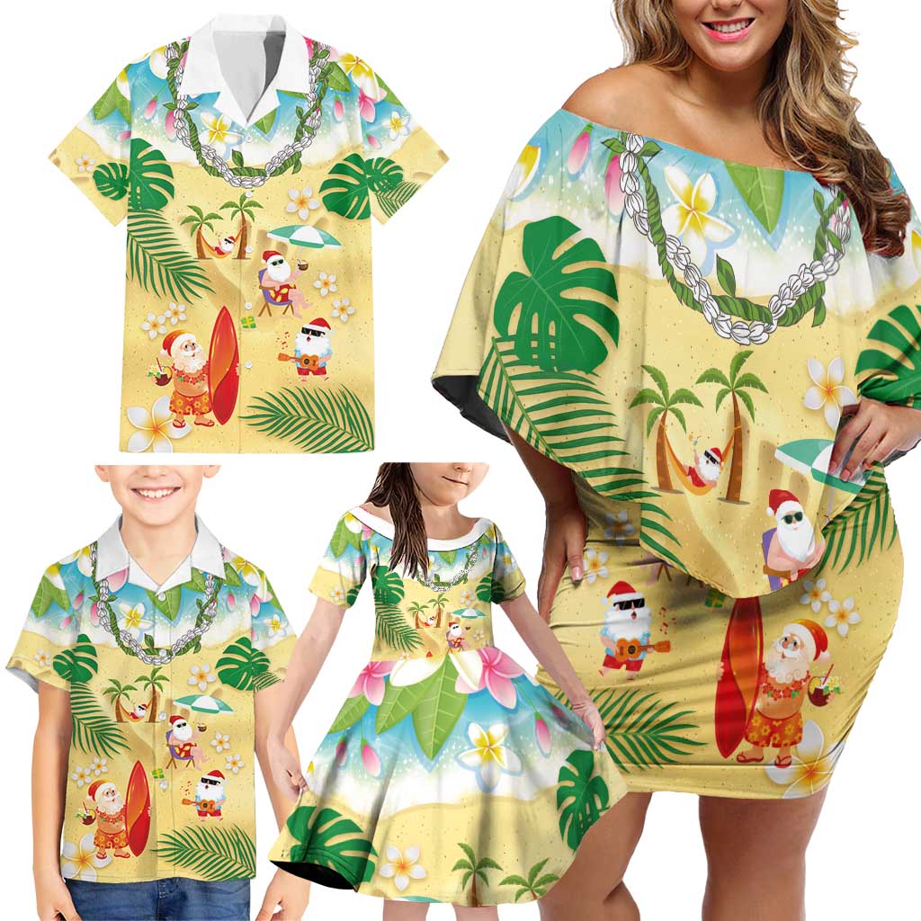 Hawaiian Mele Kalikimaka Family Matching Off Shoulder Short Dress and Hawaiian Shirt Tropical Plumeria and Lei Funny Santa Beach - Polynesian Pride