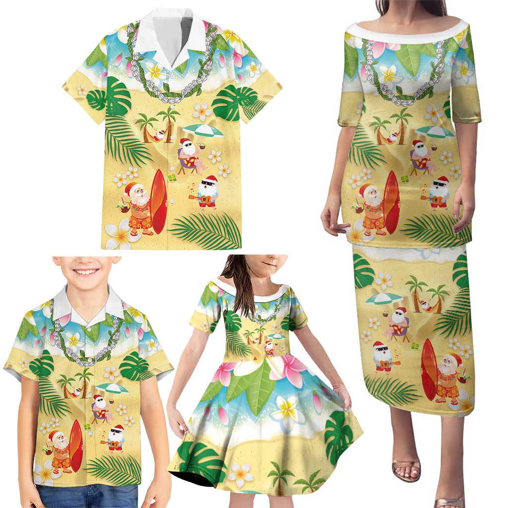 Hawaiian Mele Kalikimaka Family Matching Puletasi and Hawaiian Shirt Tropical Plumeria and Lei Funny Santa Beach - Polynesian Pride