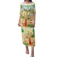 Hawaiian Mele Kalikimaka Family Matching Puletasi and Hawaiian Shirt Tropical Plumeria and Lei Funny Santa Beach - Polynesian Pride