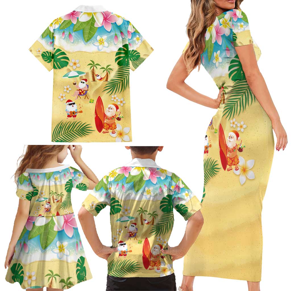 Hawaiian Mele Kalikimaka Family Matching Short Sleeve Bodycon Dress and Hawaiian Shirt Tropical Plumeria and Lei Funny Santa Beach - Polynesian Pride