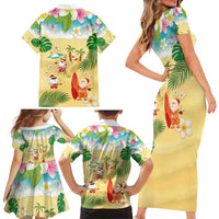 Hawaiian Mele Kalikimaka Family Matching Short Sleeve Bodycon Dress and Hawaiian Shirt Tropical Plumeria and Lei Funny Santa Beach - Polynesian Pride