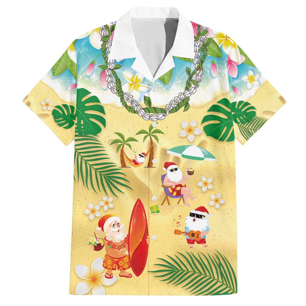 Hawaiian Mele Kalikimaka Family Matching Short Sleeve Bodycon Dress and Hawaiian Shirt Tropical Plumeria and Lei Funny Santa Beach - Polynesian Pride