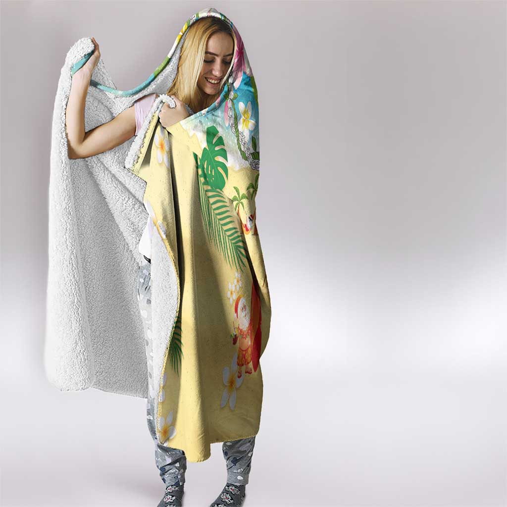 Hawaiian Mele Kalikimaka Hooded Blanket Tropical Plumeria and Lei Funny Santa Beach - Polynesian Pride