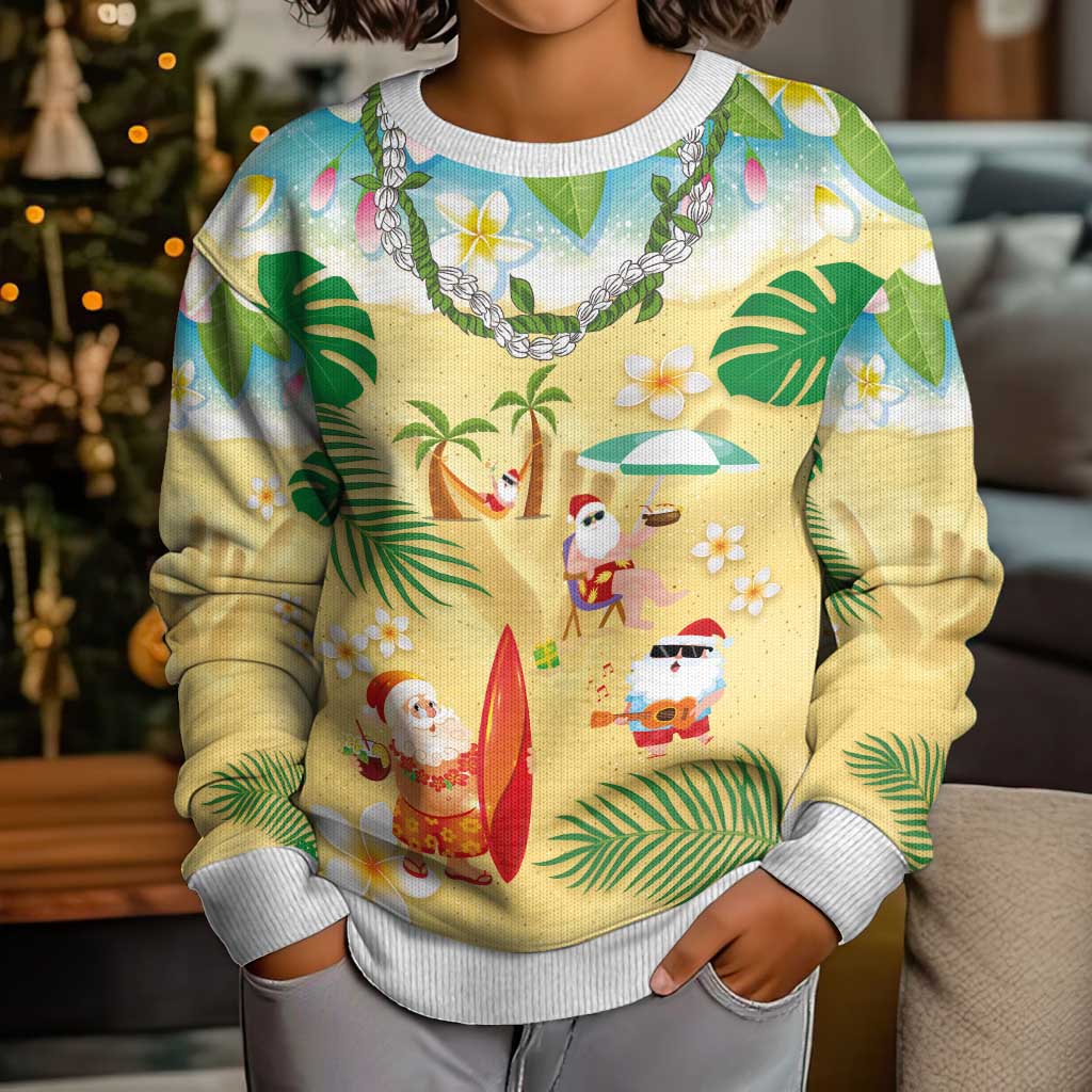 Hawaiian Mele Kalikimaka Kid Ugly Christmas Sweater Funny Santa Claus on Beach with Tropical Plants and Lei - Polynesian Pride