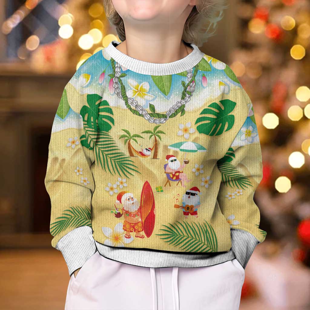 Hawaiian Mele Kalikimaka Kid Ugly Christmas Sweater Funny Santa Claus on Beach with Tropical Plants and Lei - Polynesian Pride