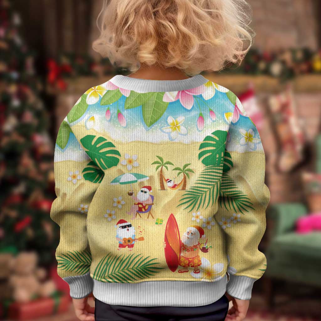 Hawaiian Mele Kalikimaka Kid Ugly Christmas Sweater Funny Santa Claus on Beach with Tropical Plants and Lei - Polynesian Pride