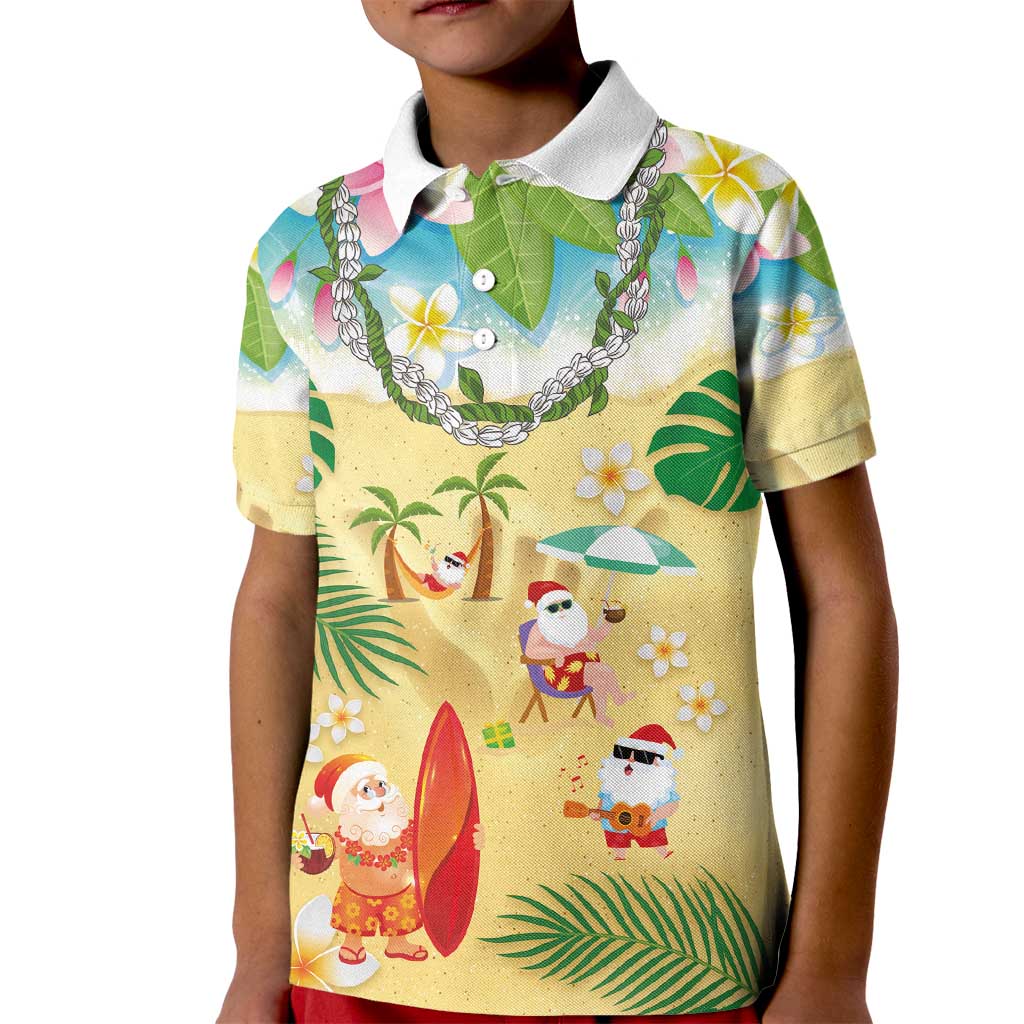 Hawaiian Mele Kalikimaka Kid Polo Shirt Tropical Plumeria and Lei Funny Santa Beach - Polynesian Pride