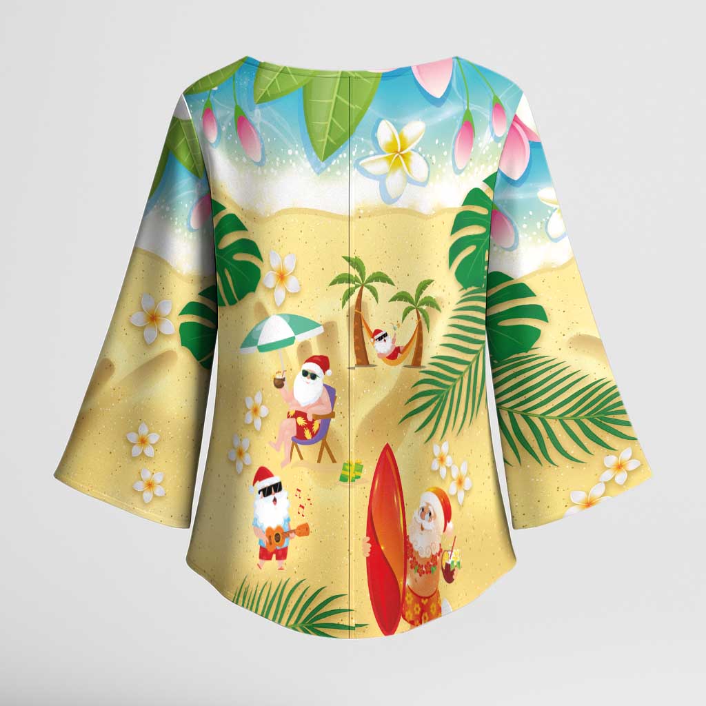 Hawaiian Mele Kalikimaka Kimono Sleeve Blouse Tropical Plumeria and Lei Funny Santa Beach - Polynesian Pride