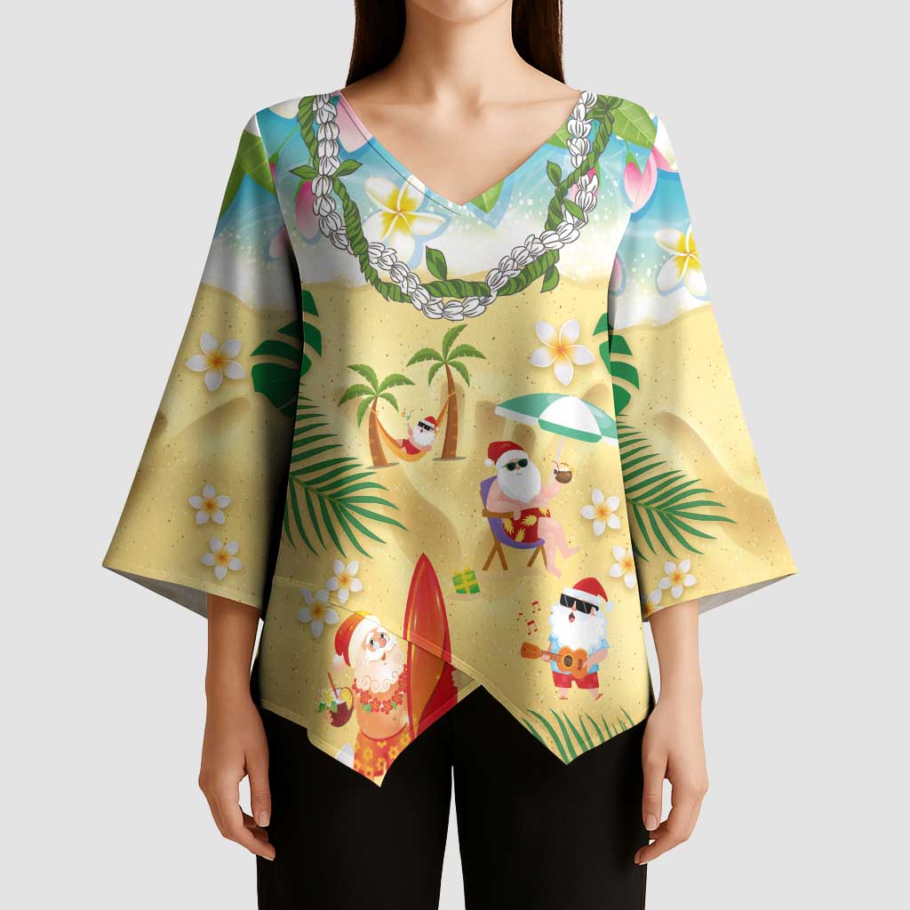 Hawaiian Mele Kalikimaka Kimono Sleeve Blouse Tropical Plumeria and Lei Funny Santa Beach - Polynesian Pride