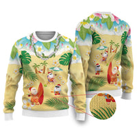 Hawaiian Mele Kalikimaka Ugly Christmas Sweater Funny Santa Claus on Beach with Tropical Plants and Lei - Polynesian Pride