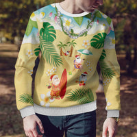 Hawaiian Mele Kalikimaka Ugly Christmas Sweater Funny Santa Claus on Beach with Tropical Plants and Lei - Polynesian Pride
