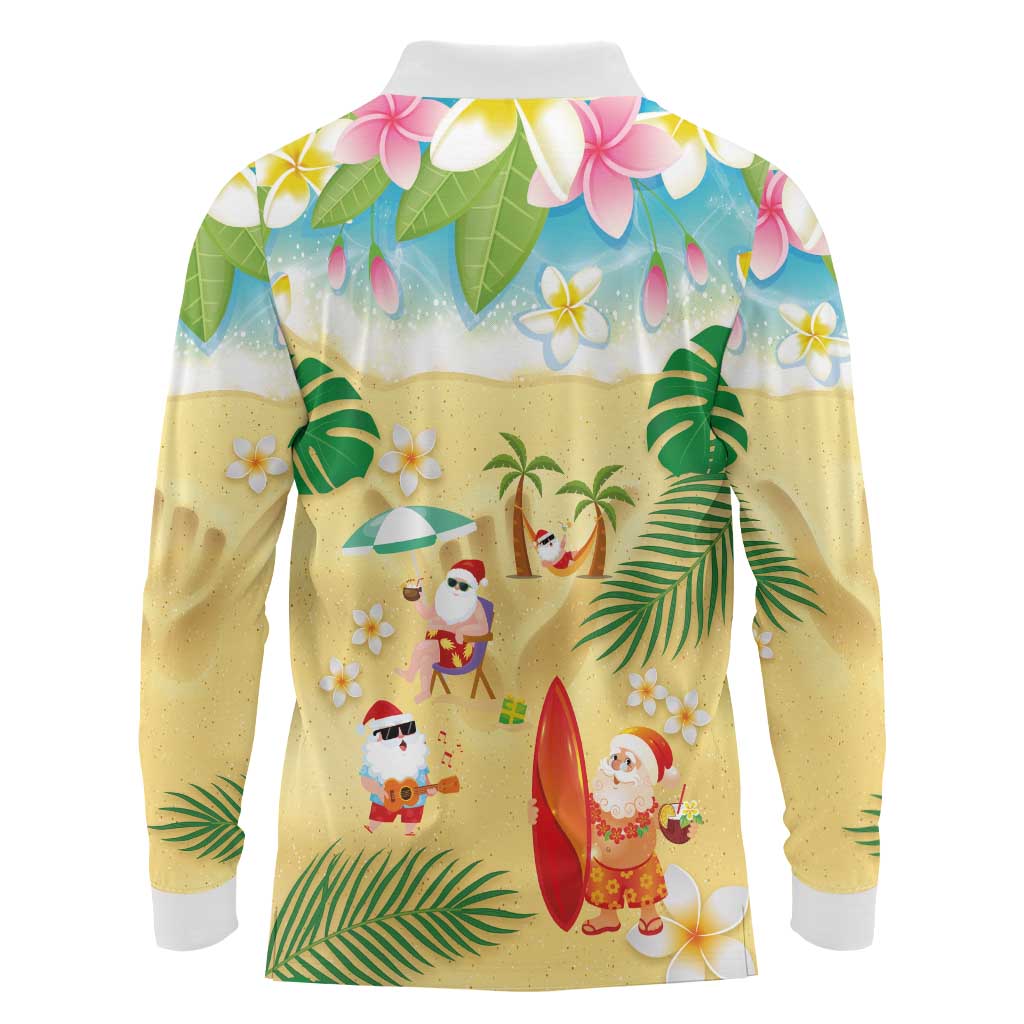 Hawaiian Mele Kalikimaka Long Sleeve Polo Shirt Tropical Plumeria and Lei Funny Santa Beach - Polynesian Pride