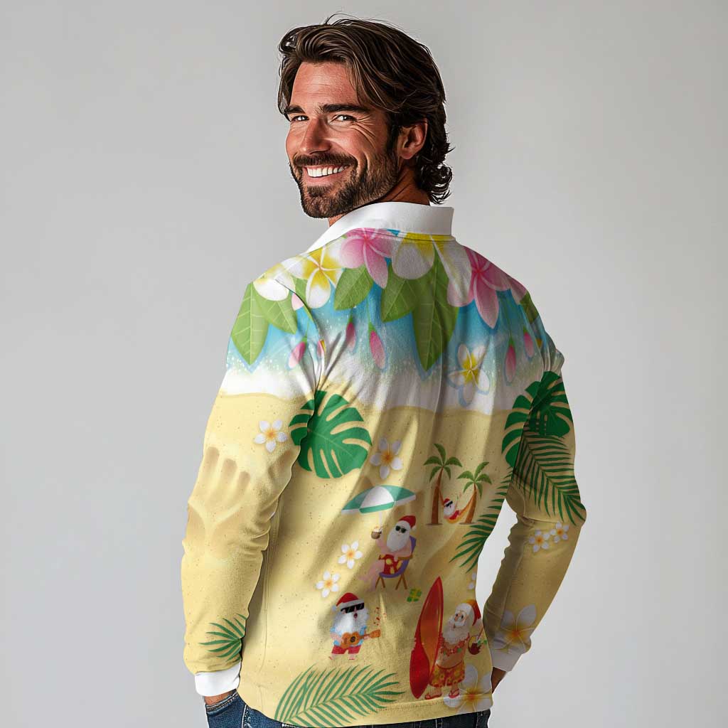 Hawaiian Mele Kalikimaka Long Sleeve Polo Shirt Tropical Plumeria and Lei Funny Santa Beach - Polynesian Pride