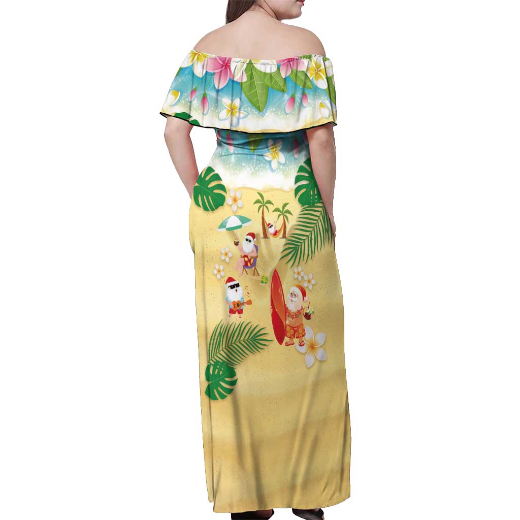 Hawaiian Mele Kalikimaka Off Shoulder Maxi Dress Tropical Plumeria and Lei Funny Santa Beach - Polynesian Pride