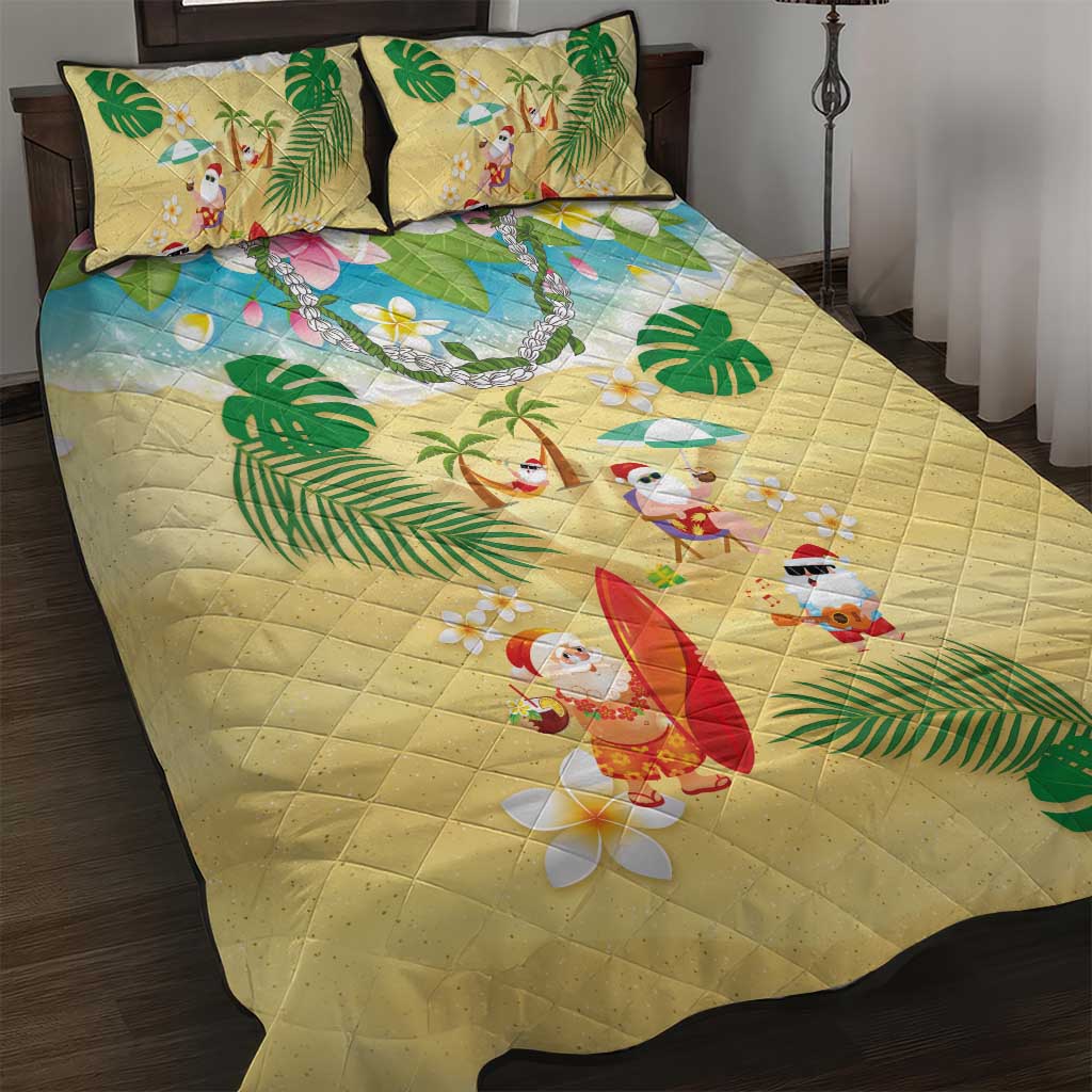 Hawaiian Mele Kalikimaka Quilt Bed Set Tropical Plumeria and Lei Funny Santa Beach - Polynesian Pride