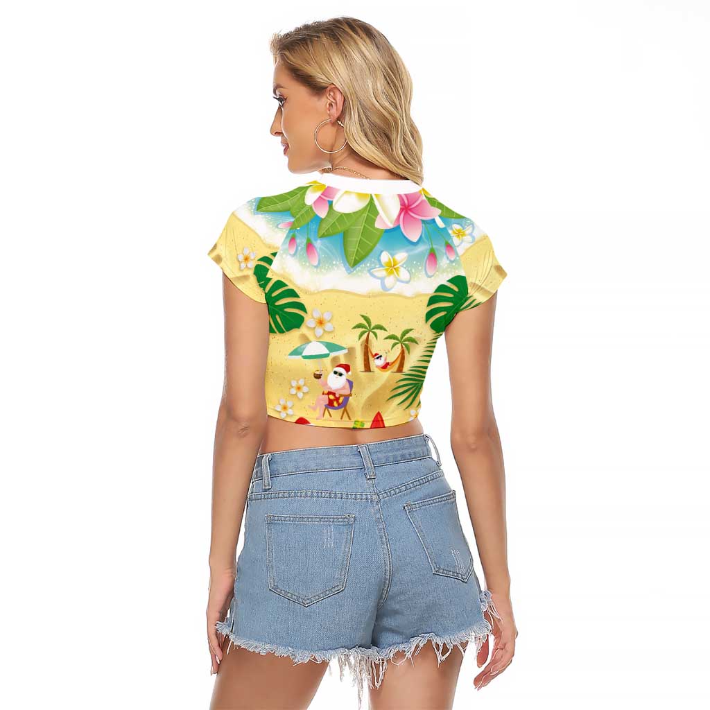 Hawaiian Mele Kalikimaka Raglan Cropped T Shirt Tropical Plumeria and Lei Funny Santa Beach - Polynesian Pride