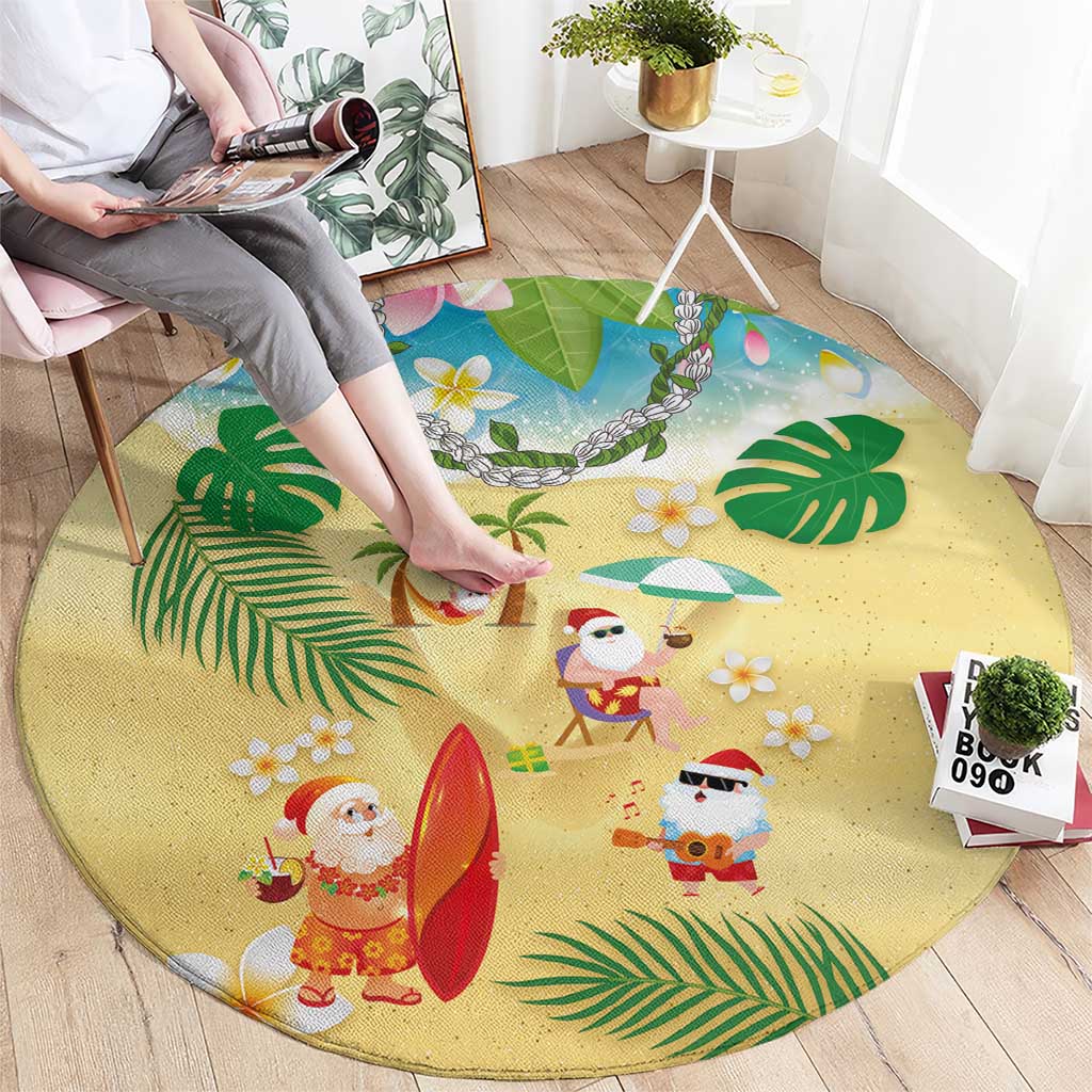 Hawaiian Mele Kalikimaka Round Carpet Tropical Plumeria and Lei Funny Santa Beach - Polynesian Pride