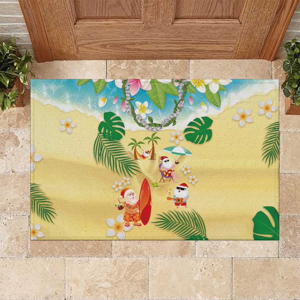 Hawaiian Mele Kalikimaka Rubber Doormat Tropical Plumeria and Lei Funny Santa Beach - Polynesian Pride