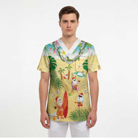 Hawaiian Mele Kalikimaka Scrub Top Tropical Plumeria and Lei Funny Santa Beach - Polynesian Pride
