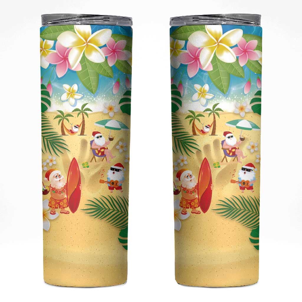Hawaiian Mele Kalikimaka Skinny Tumbler Tropical Plumeria and Lei Funny Santa Beach - Polynesian Pride