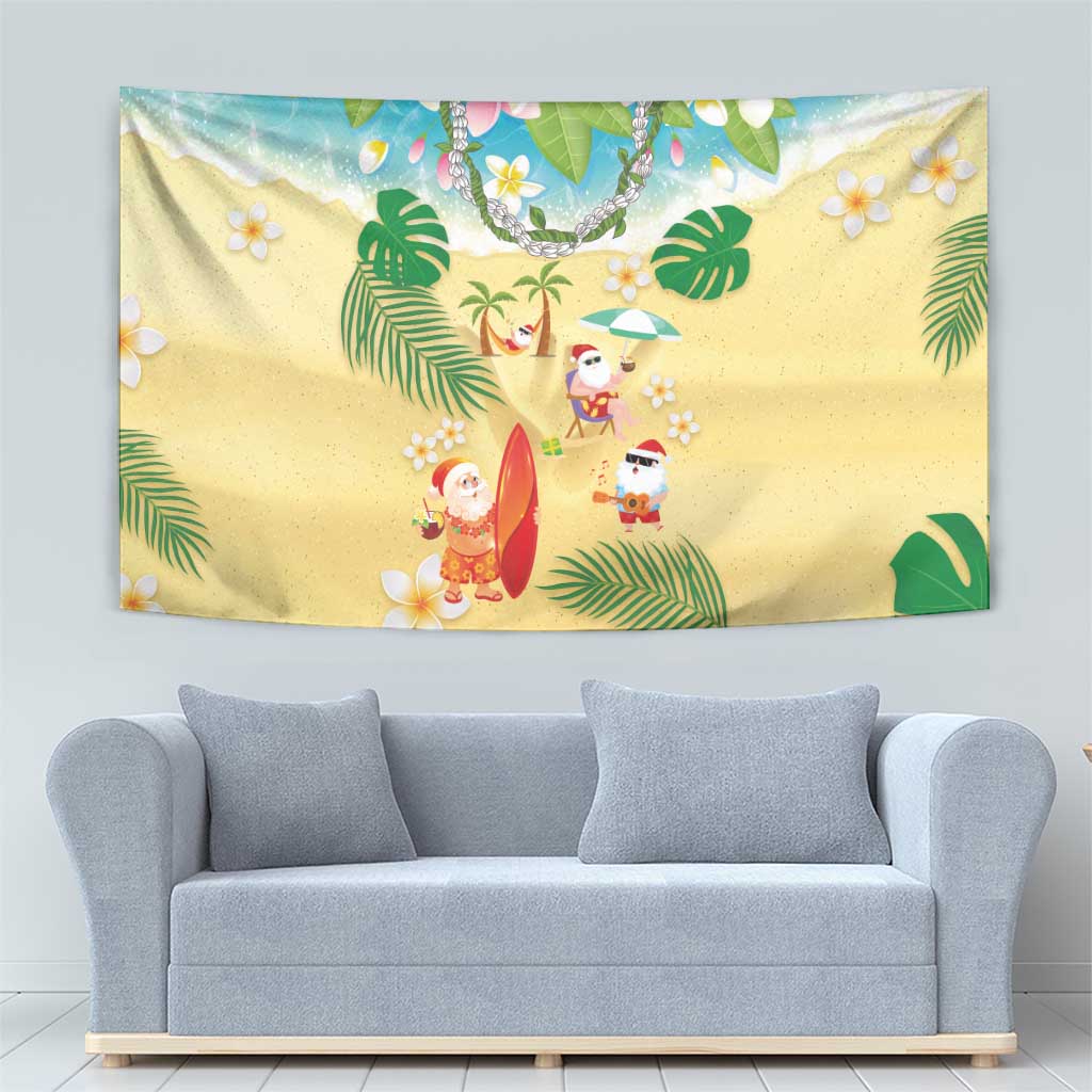 Hawaiian Mele Kalikimaka Tapestry Tropical Plumeria and Lei Funny Santa Beach - Polynesian Pride