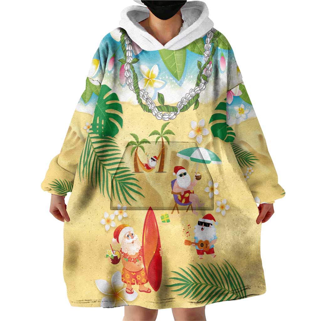Hawaiian Mele Kalikimaka Wearable Blanket Hoodie Tropical Plumeria and Lei Funny Santa Beach - Polynesian Pride