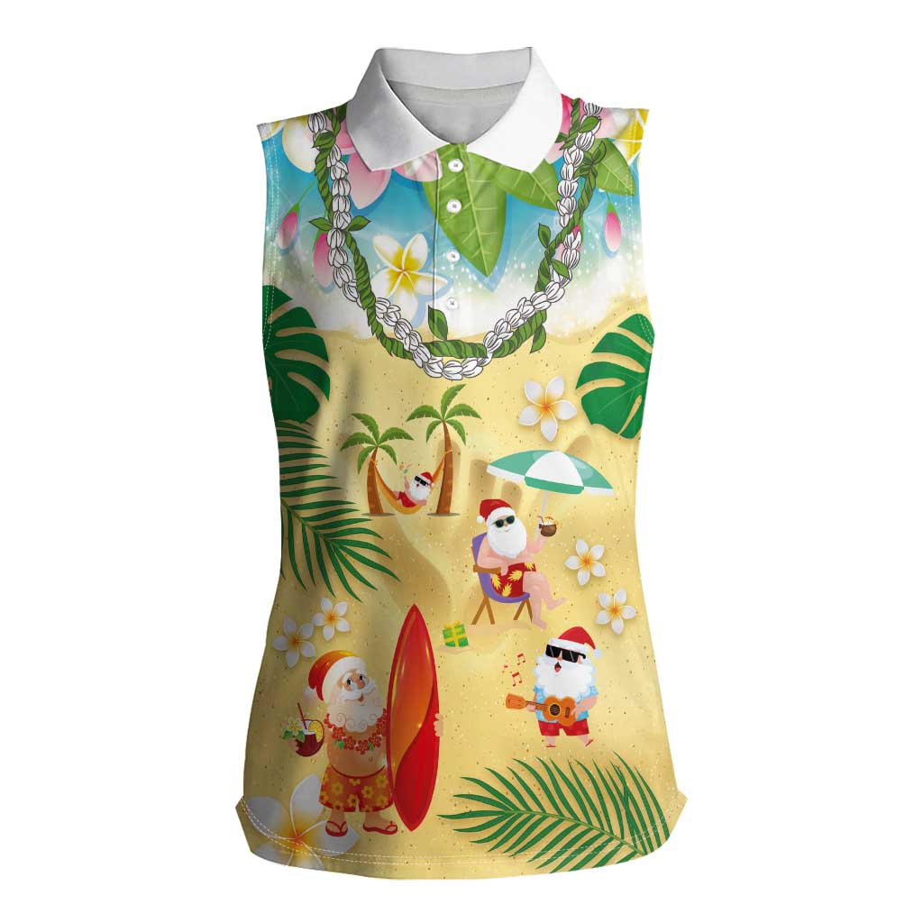 Hawaiian Mele Kalikimaka Women Sleeveless Polo Shirt Tropical Plumeria and Lei Funny Santa Beach - Polynesian Pride
