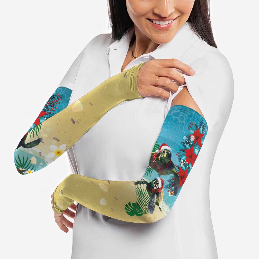 Hawaiian Mele Kalikimaka Arm Sleeves Tropical Xmas Turtles Red Poinsettia Watercolor - Polynesian Pride