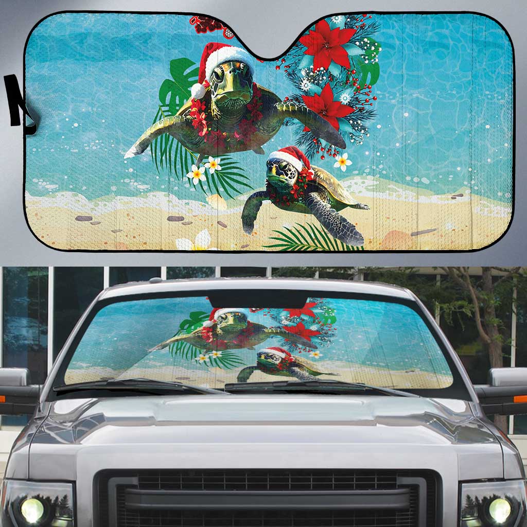 Hawaiian Mele Kalikimaka Auto Sun Shade Tropical Xmas Turtles Red Poinsettia Watercolor - Polynesian Pride