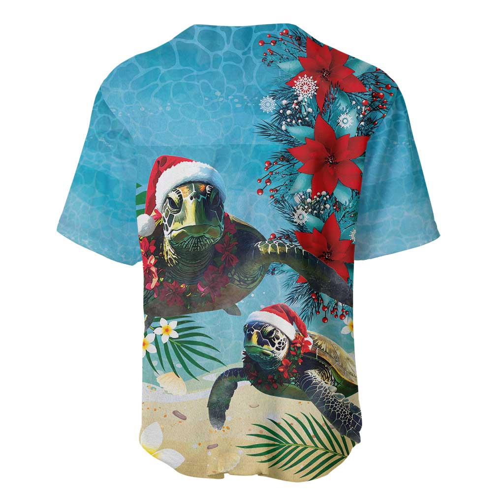 Hawaiian Mele Kalikimaka Baseball Jersey Tropical Xmas Turtles Red Poinsettia Watercolor - Polynesian Pride