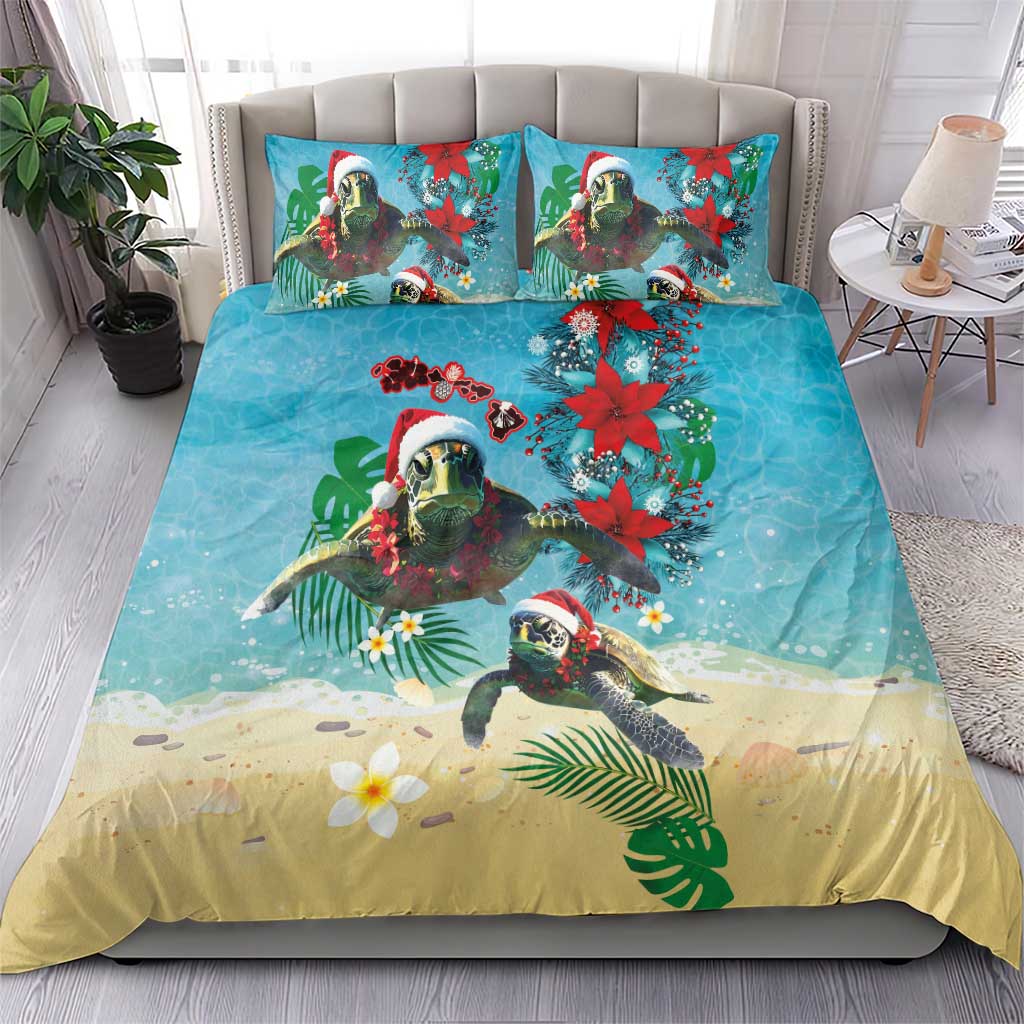 Hawaiian Mele Kalikimaka Bedding Set Tropical Xmas Turtles Red Poinsettia Watercolor - Polynesian Pride
