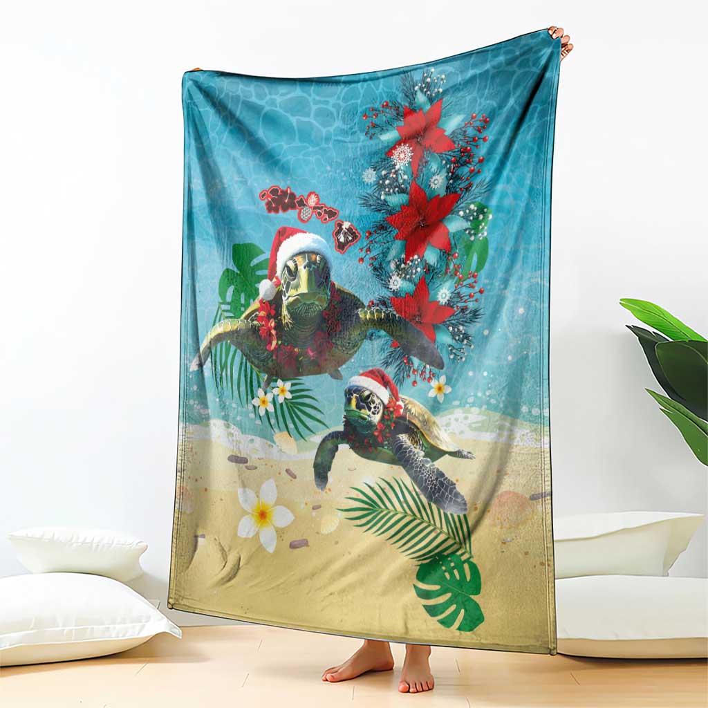 Hawaiian Mele Kalikimaka Blanket Tropical Xmas Turtles Red Poinsettia Watercolor - Polynesian Pride