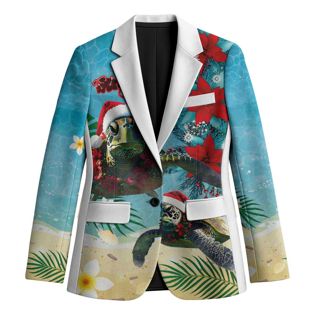 Hawaiian Mele Kalikimaka Blazer Tropical Xmas Turtles Red Poinsettia Watercolor - Polynesian Pride
