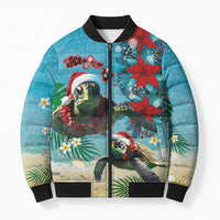 Hawaiian Mele Kalikimaka Bomber Puffer Jacket Tropical Xmas Turtles Red Poinsettia Watercolor - Polynesian Pride