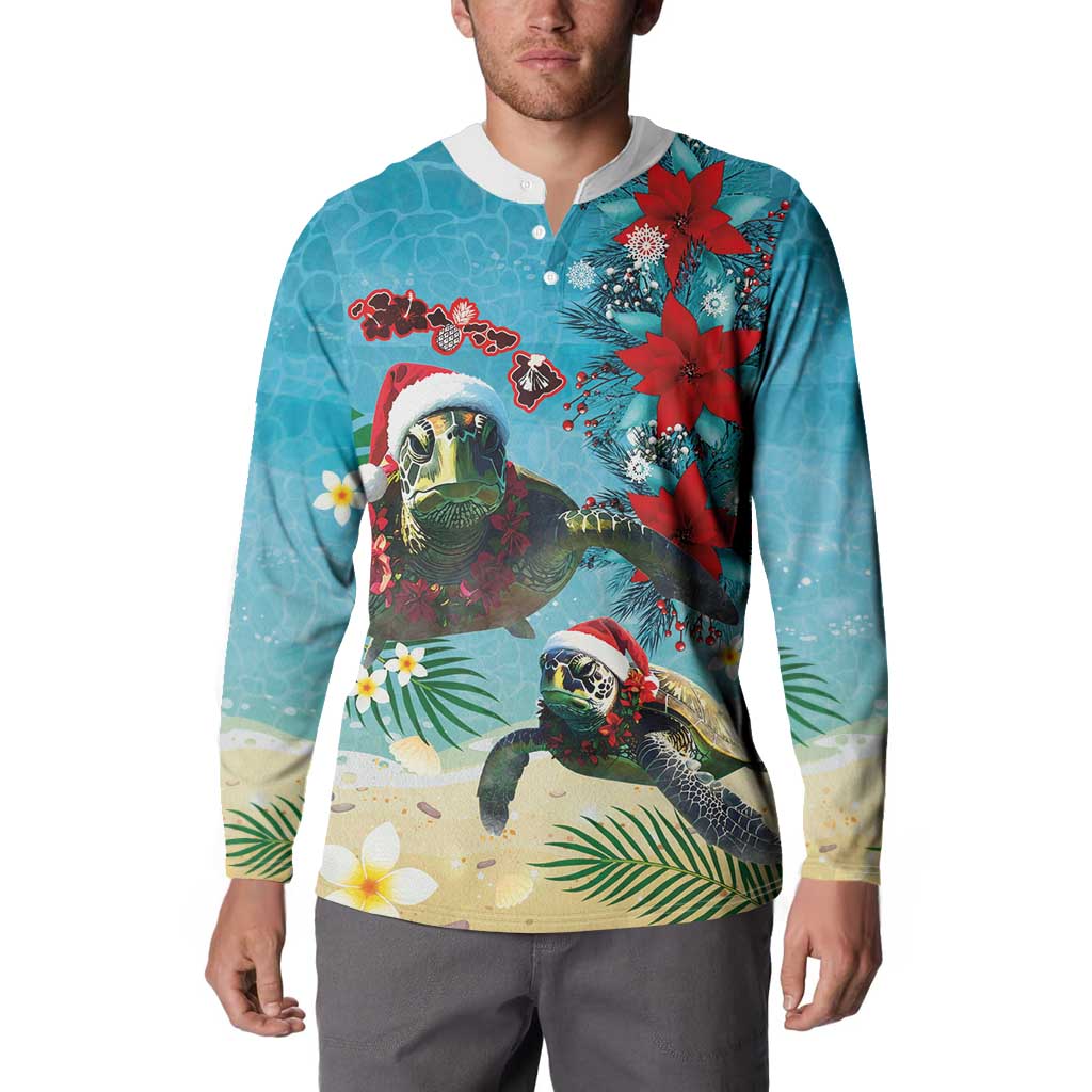 Hawaiian Mele Kalikimaka Button Sweatshirt Tropical Xmas Turtles Red Poinsettia Watercolor - Polynesian Pride