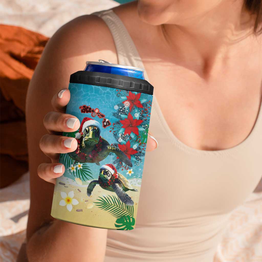 Hawaiian Mele Kalikimaka 4 in 1 Can Cooler Tumbler Tropical Xmas Turtles Red Poinsettia Watercolor - Polynesian Pride
